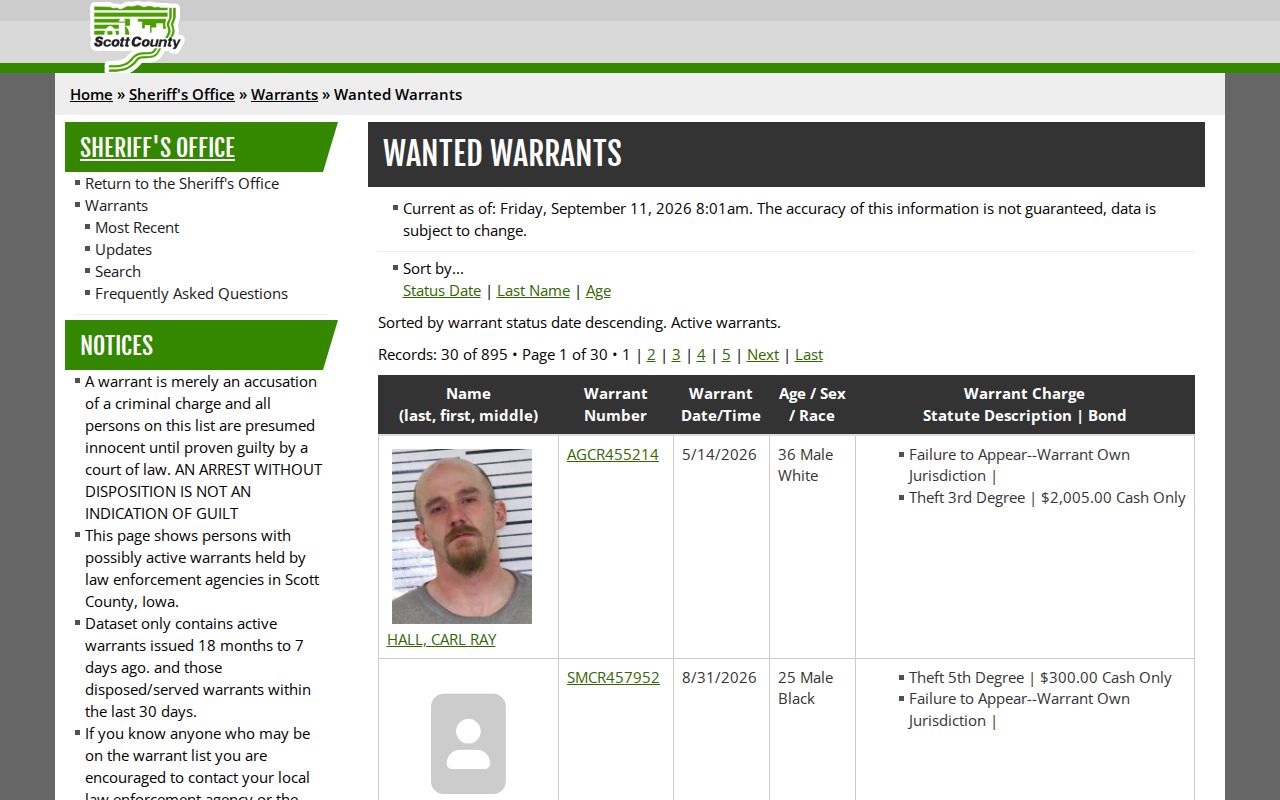 Scott County Sheriff active-warrant filter controls