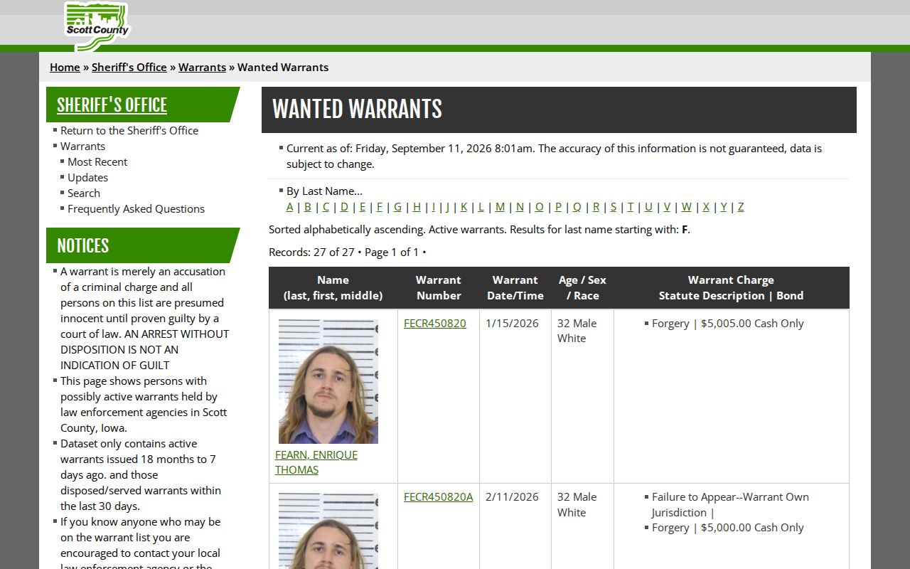Alphabet controls on the Scott County warrant list