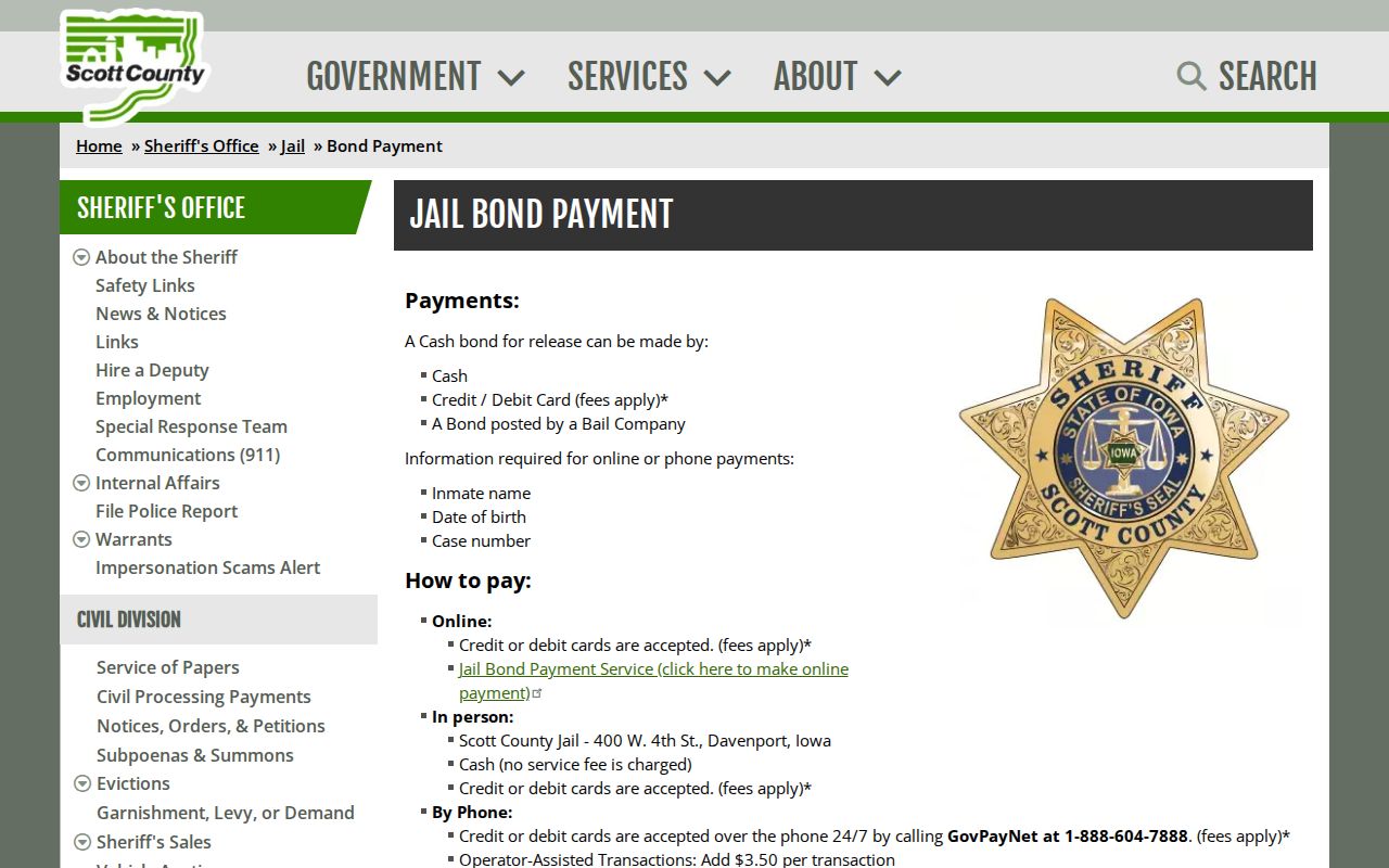 Scott County arrest warrant bond payment methods