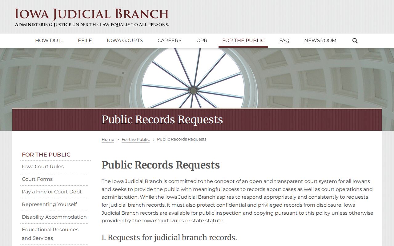 Iowa Judicial Branch public records request page for Scott County state court records