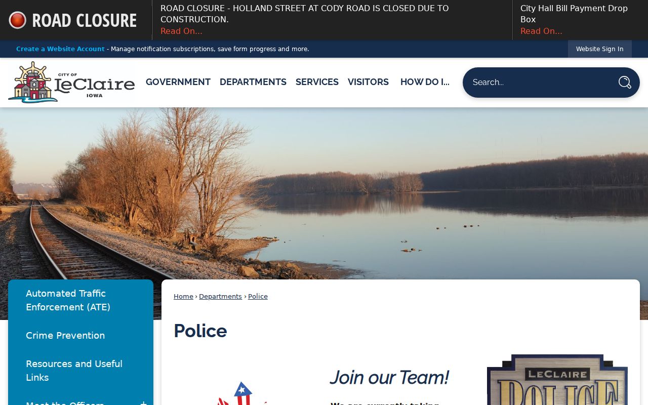 Official Le Claire Police contact page with emergency notice