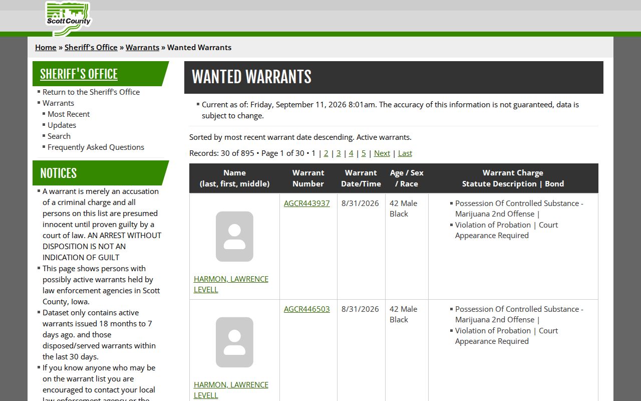 Scott County active warrant records controls and timestamp