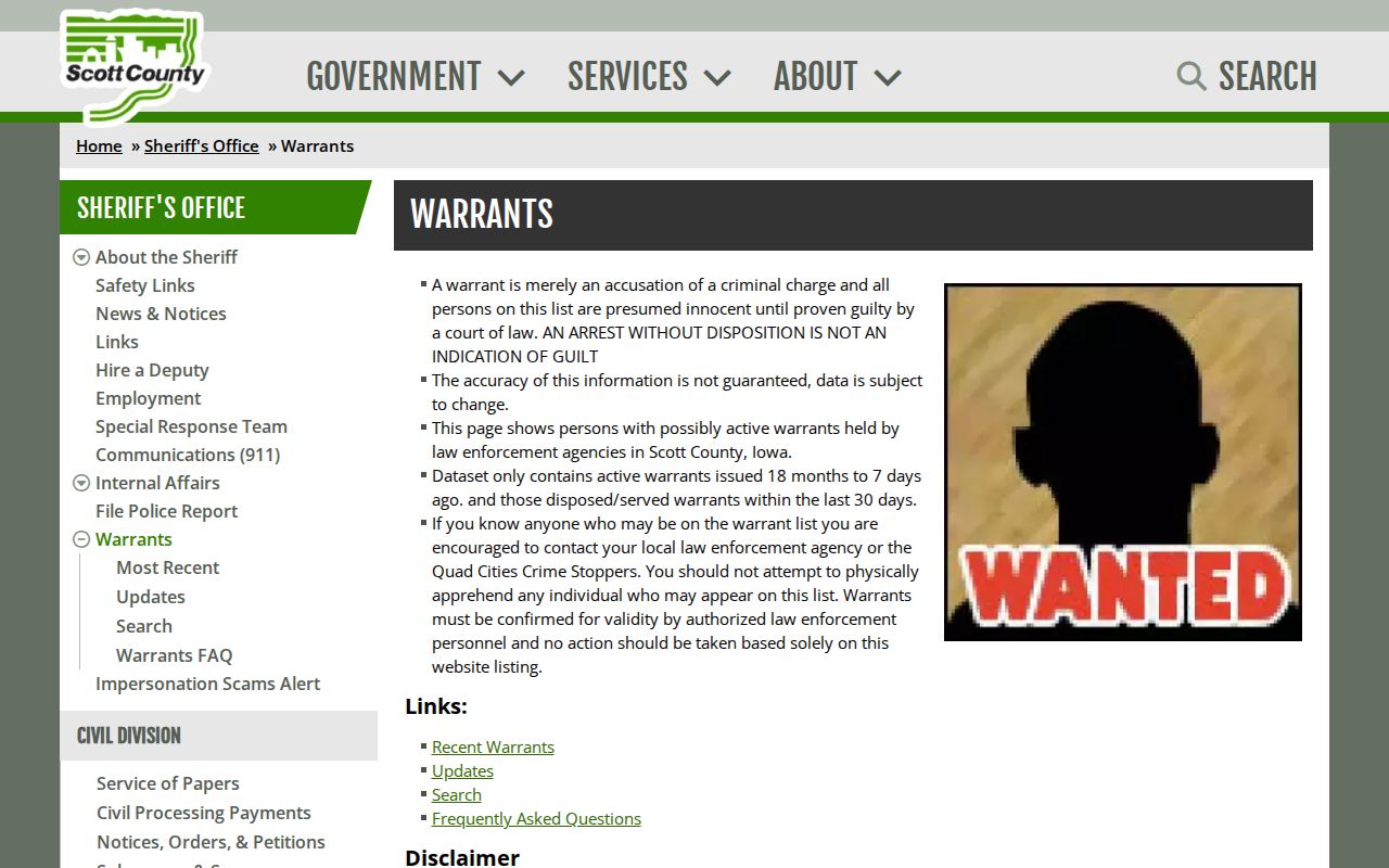 Scott County warrant records landing page