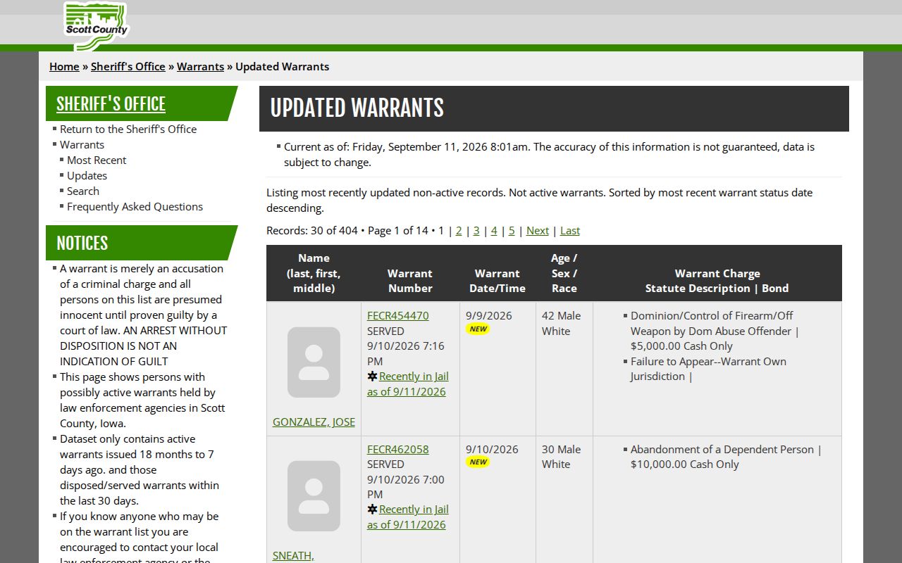 Scott County non-active warrant records updates view