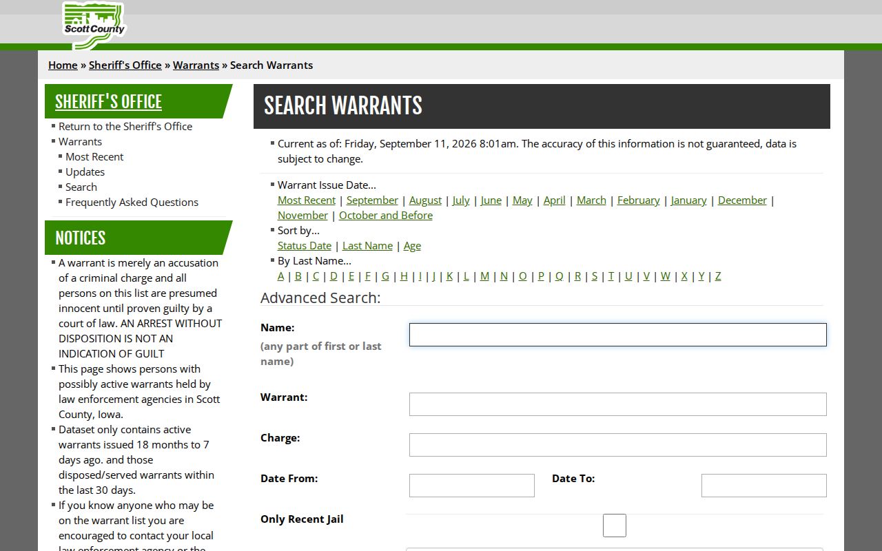 Scott County warrant search fields and dataset notice